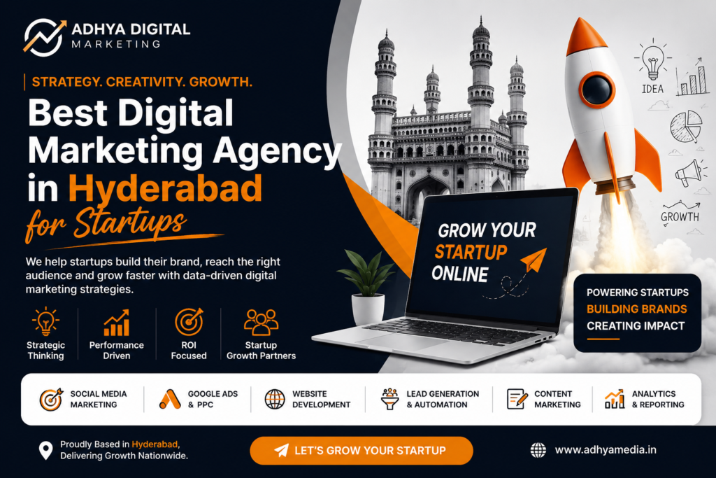 Modern blog banner for Adhya Digital Marketing promoting the best digital marketing agency in Hyderabad for startups. The design features a bold headline, Hyderabad's Charminar, a rocket launch symbolizing business growth, a laptop displaying startup marketing, and icons representing social media marketing, Google Ads, website development, lead generation, content marketing, and analytics in a premium navy blue, white, and orange theme.