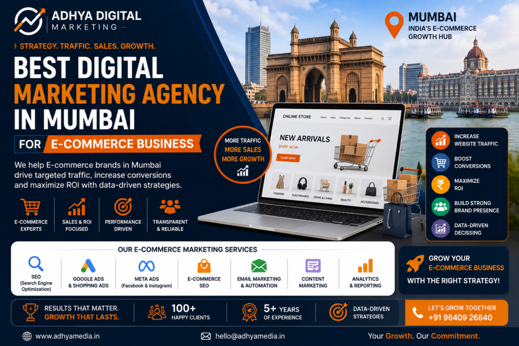 Professional blog banner for Adhya Digital Marketing promoting the Best Digital Marketing Agency in Mumbai for E-commerce Business. The design features Mumbai landmarks including the Gateway of India and the Taj Mahal Palace Hotel, a laptop displaying an online shopping store, e-commerce shopping cart graphics, digital growth icons, and service highlights such as SEO, Google Ads, Meta Ads, email marketing, content marketing, analytics, and e-commerce SEO. The banner uses a premium navy blue, white, and orange color palette to represent business growth and online sales.