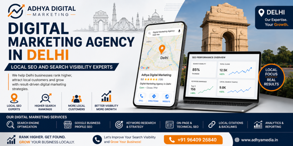 Professional blog banner for Adhya Digital Marketing promoting Digital Marketing Agency in Delhi – Local SEO and Search Visibility Experts. The design features India Gate, a smartphone displaying a Google Business Profile, a laptop showing SEO performance analytics, and icons representing local SEO, Google Business Profile optimization, keyword research, technical SEO, local citations, analytics, and search visibility. The banner uses a premium navy blue, white, and orange color palette to highlight local business growth and search engine optimization.