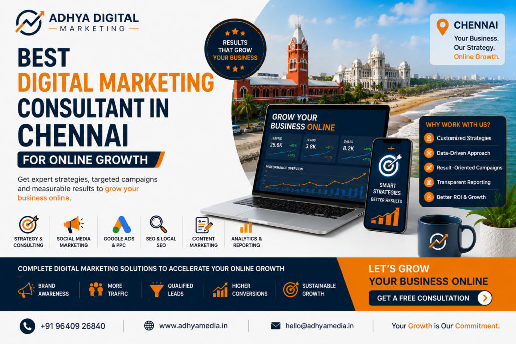 Professional blog banner for Adhya Digital Marketing promoting the Best Digital Marketing Consultant in Chennai for Online Growth. The design features Chennai landmarks including Marina Beach and Chennai Central Railway Station, a laptop displaying digital marketing analytics, a smartphone with growth metrics, and icons representing strategy consulting, social media marketing, Google Ads, SEO, content marketing, and analytics. The banner uses a premium navy blue, white, and orange color palette to emphasize online business growth and digital marketing expertise.